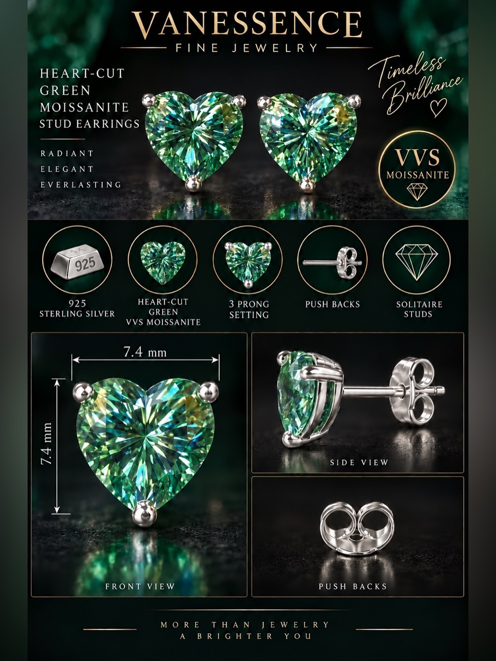 .925 Sterling Silver 2ct. VVS Green Moissanite Heart Solitaire Studs - Picture 2 of 9